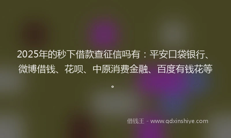 2025年的秒下借款查征信吗有：平安口袋银行、微博借钱、花呗、中原消费金融、百度有钱花等。