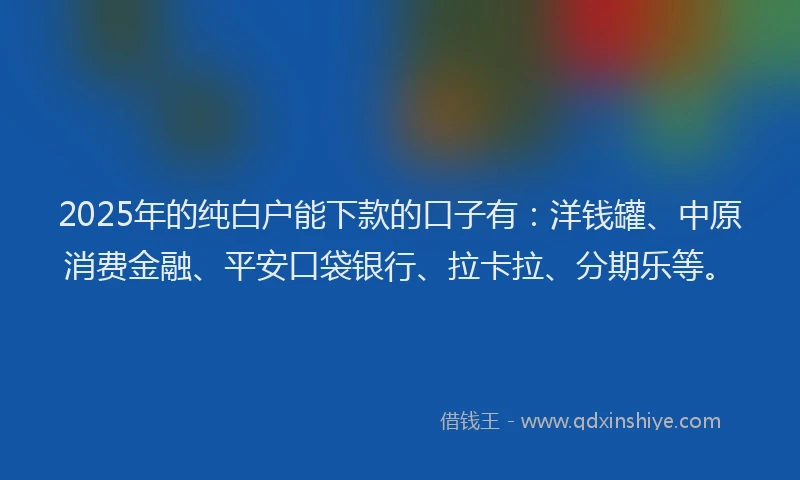 2025年的纯白户能下款的口子有：洋钱罐、中原消费金融、平安口袋银行、拉卡拉、分期乐等。