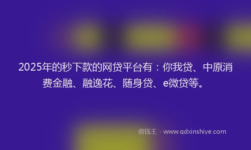2025年的秒下款的网贷平台有：你我贷、中原消费金融、融逸花、随身贷、e微贷等。
