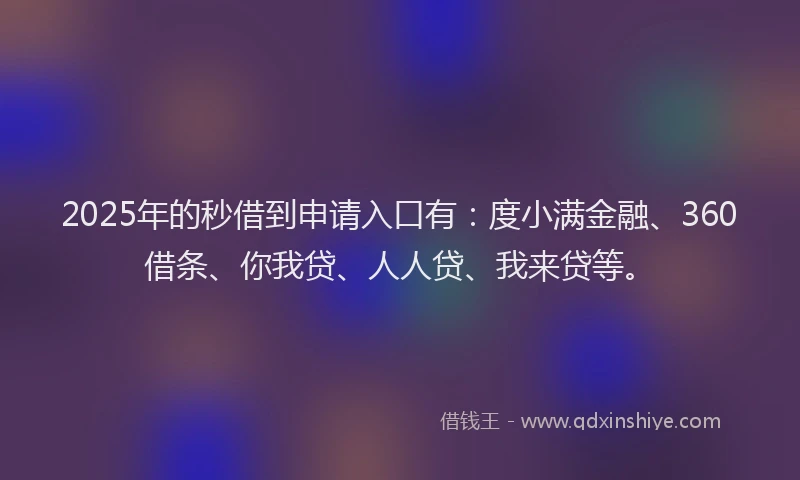 2025年的秒借到申请入口有：度小满金融、360借条、你我贷、人人贷、我来贷等。