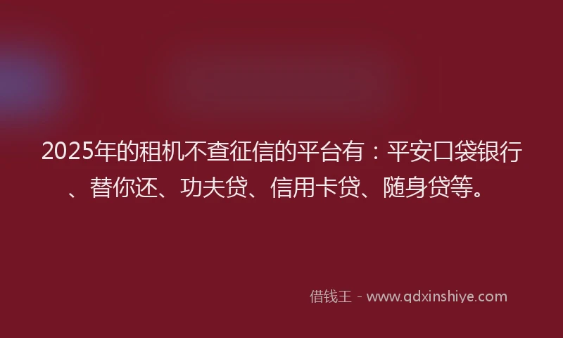 2025年的租机不查征信的平台有：平安口袋银行、替你还、功夫贷、信用卡贷、随身贷等。