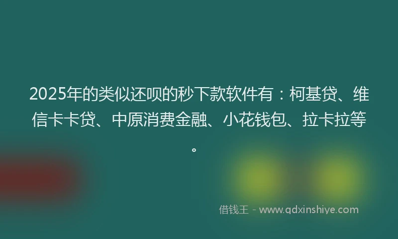 2025年的类似还呗的秒下款软件有：柯基贷、维信卡卡贷、中原消费金融、小花钱包、拉卡拉等。