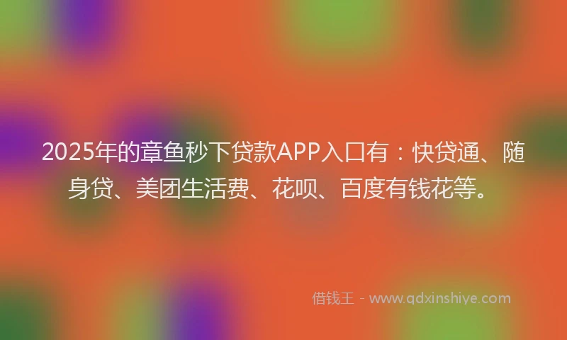 2025年的章鱼秒下贷款APP入口有：快贷通、随身贷、美团生活费、花呗、百度有钱花等。