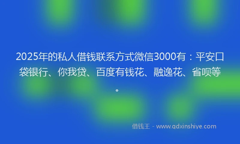2025年的私人借钱联系方式微信3000有：平安口袋银行、你我贷、百度有钱花、融逸花、省呗等。