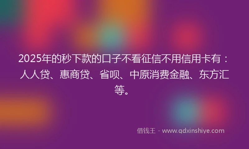 2025年的秒下款的口子不看征信不用信用卡有：人人贷、惠商贷、省呗、中原消费金融、东方汇等。