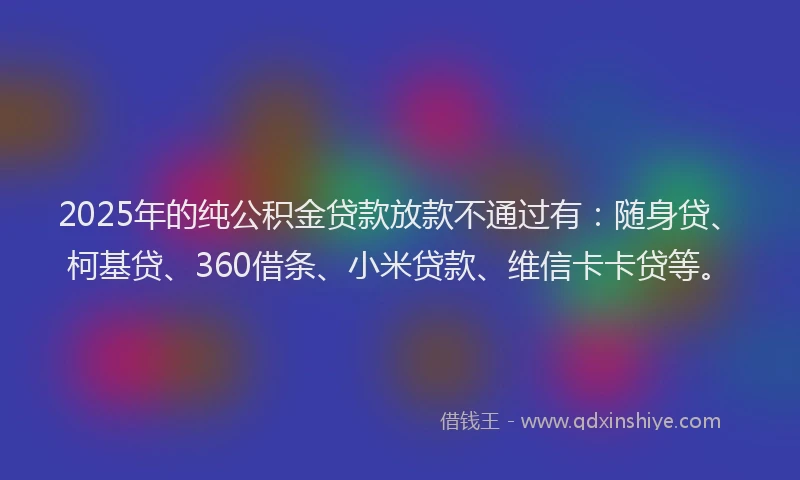 2025年的纯公积金贷款放款不通过有：随身贷、柯基贷、360借条、小米贷款、维信卡卡贷等。