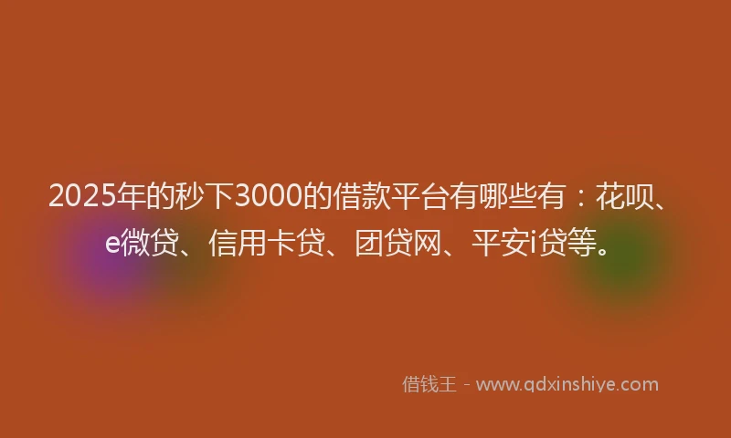 2025年的秒下3000的借款平台有哪些有：花呗、e微贷、信用卡贷、团贷网、平安i贷等。