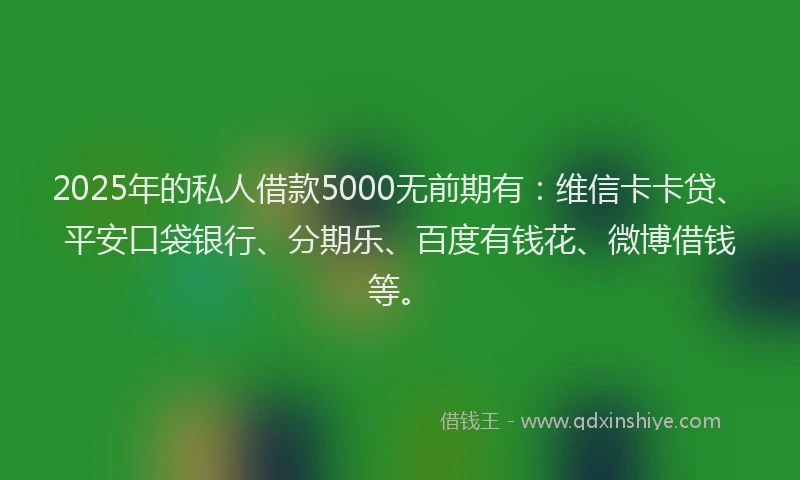 2025年的私人借款5000无前期有：维信卡卡贷、平安口袋银行、分期乐、百度有钱花、微博借钱等。