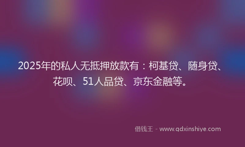 2025年的私人无抵押放款有：柯基贷、随身贷、花呗、51人品贷、京东金融等。