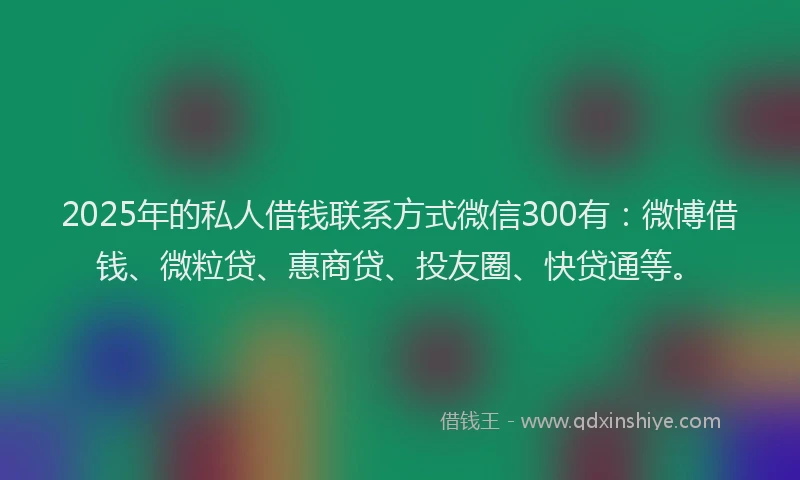 2025年的私人借钱联系方式微信300有：微博借钱、微粒贷、惠商贷、投友圈、快贷通等。