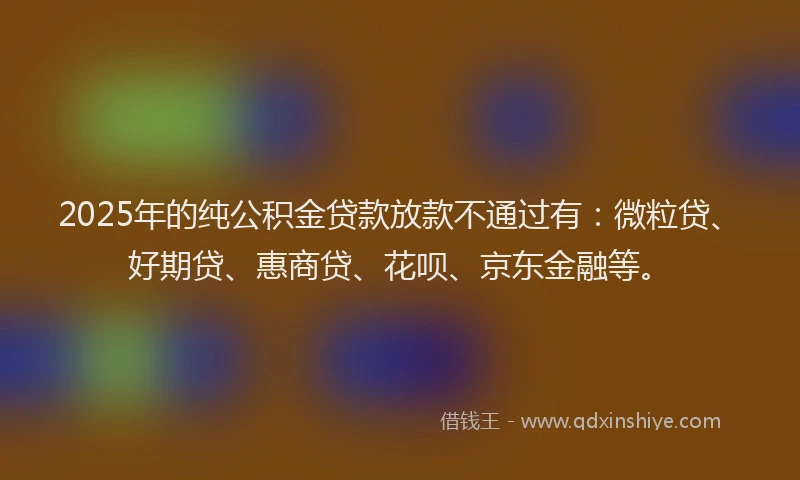 2025年的纯公积金贷款放款不通过有：微粒贷、好期贷、惠商贷、花呗、京东金融等。