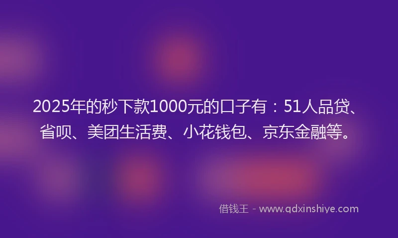 2025年的秒下款1000元的口子有：51人品贷、省呗、美团生活费、小花钱包、京东金融等。