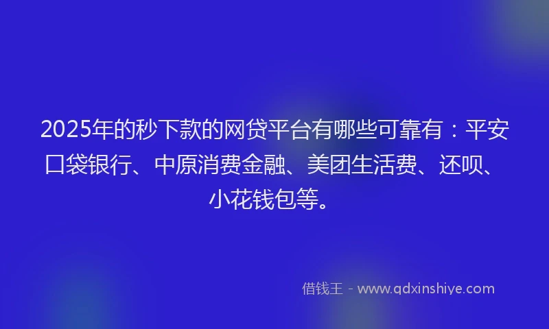 2025年的秒下款的网贷平台有哪些可靠有：平安口袋银行、中原消费金融、美团生活费、还呗、小花钱包等。