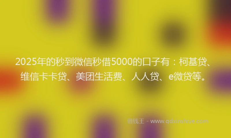 2025年的秒到微信秒借5000的口子有：柯基贷、维信卡卡贷、美团生活费、人人贷、e微贷等。