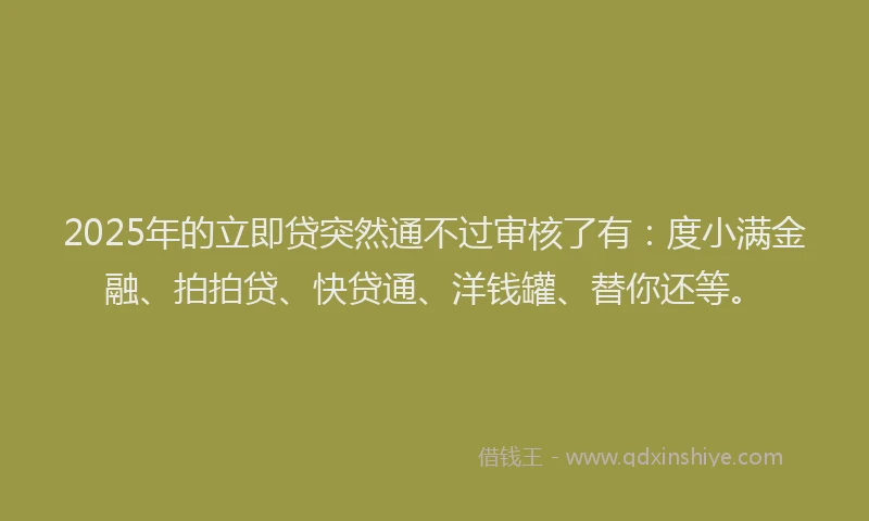 2025年的立即贷突然通不过审核了有：度小满金融、拍拍贷、快贷通、洋钱罐、替你还等。