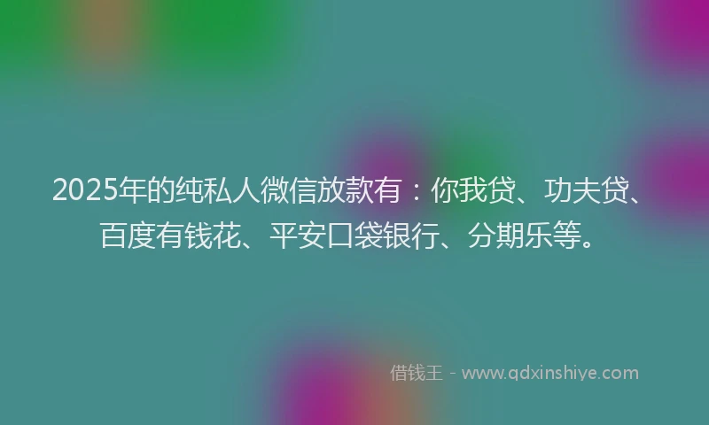2025年的纯私人微信放款有：你我贷、功夫贷、百度有钱花、平安口袋银行、分期乐等。