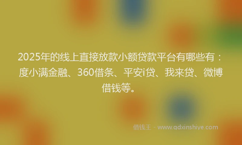 2025年的线上直接放款小额贷款平台有哪些有：度小满金融、360借条、平安i贷、我来贷、微博借钱等。