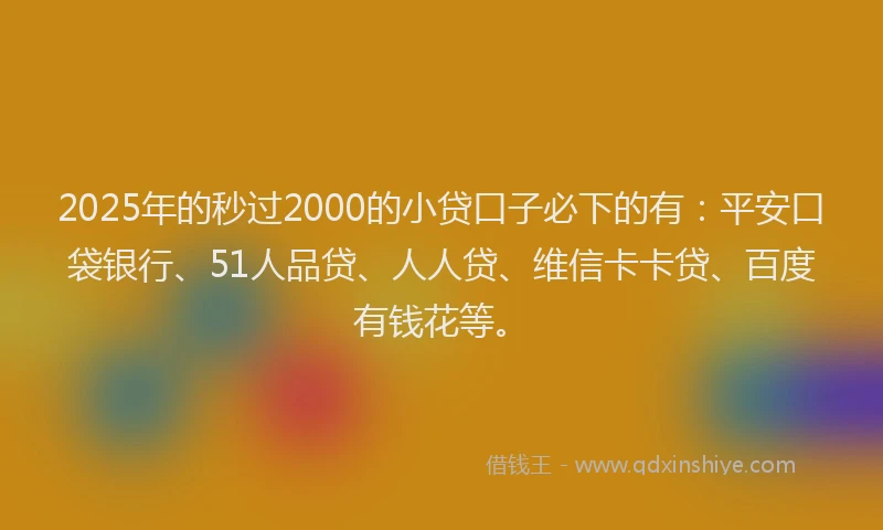 2025年的秒过2000的小贷口子必下的有：平安口袋银行、51人品贷、人人贷、维信卡卡贷、百度有钱花等。