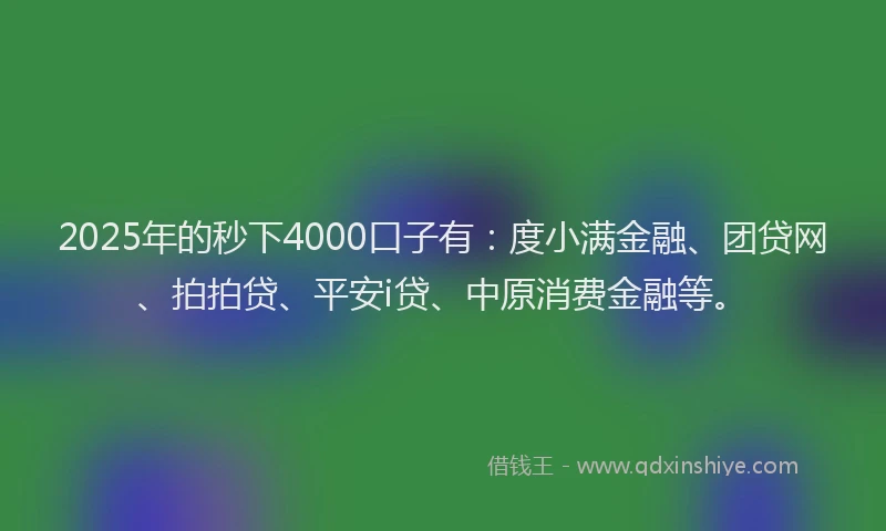 2025年的秒下4000口子有：度小满金融、团贷网、拍拍贷、平安i贷、中原消费金融等。