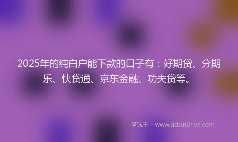 2025年的纯白户能下款的口子有：好期贷、分期乐、快贷通、京东金融、功夫贷等。
