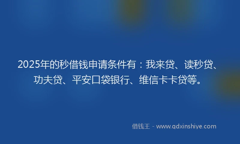 2025年的秒借钱申请条件有：我来贷、读秒贷、功夫贷、平安口袋银行、维信卡卡贷等。