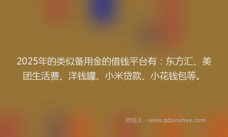 2025年的类似备用金的借钱平台有：东方汇、美团生活费、洋钱罐、小米贷款、小花钱包等。