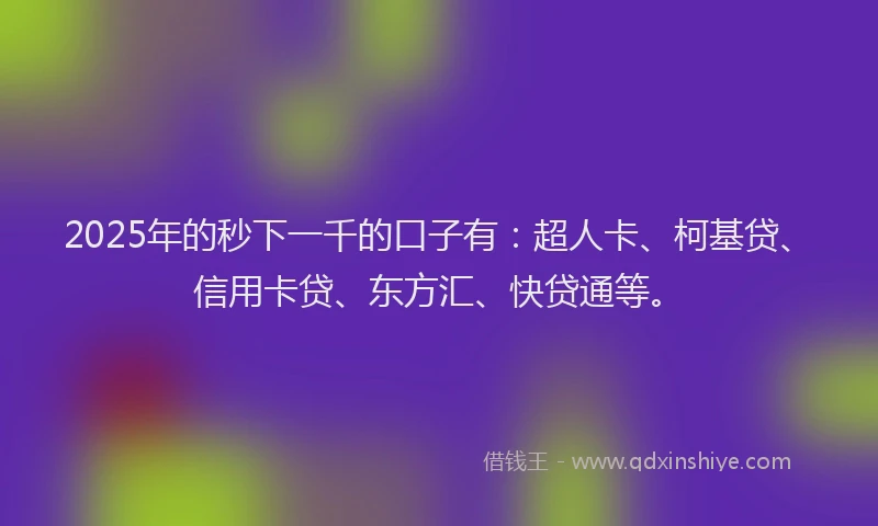 2025年的秒下一千的口子有：超人卡、柯基贷、信用卡贷、东方汇、快贷通等。