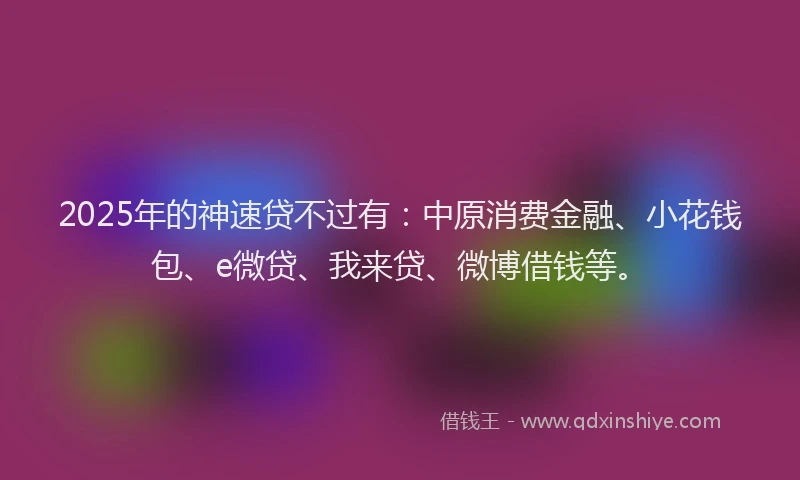 2025年的神速贷不过有：中原消费金融、小花钱包、e微贷、我来贷、微博借钱等。