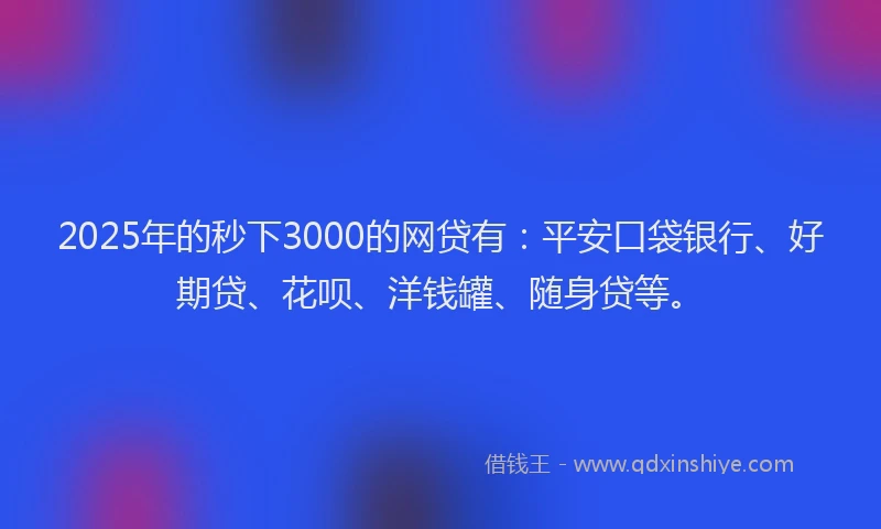2025年的秒下3000的网贷有：平安口袋银行、好期贷、花呗、洋钱罐、随身贷等。