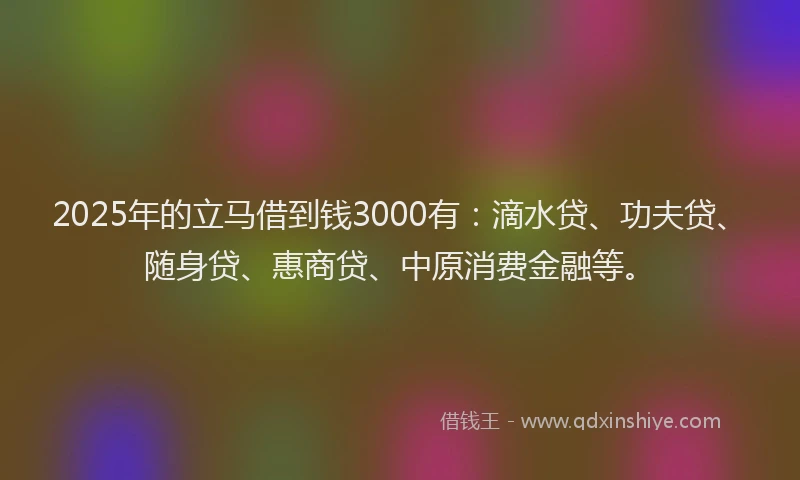 2025年的立马借到钱3000有：滴水贷、功夫贷、随身贷、惠商贷、中原消费金融等。