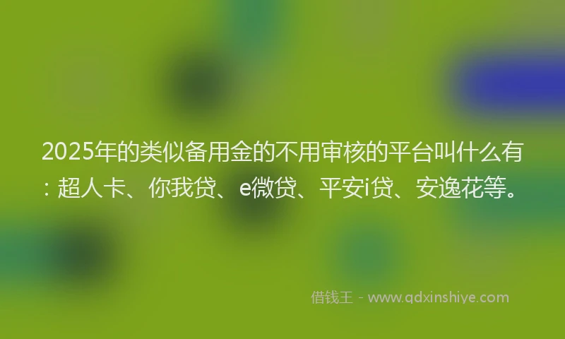 2025年的类似备用金的不用审核的平台叫什么有：超人卡、你我贷、e微贷、平安i贷、安逸花等。
