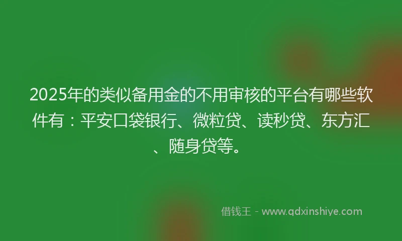 2025年的类似备用金的不用审核的平台有哪些软件有:平安口袋银行、微粒贷、读秒贷、东方汇、随身贷等。