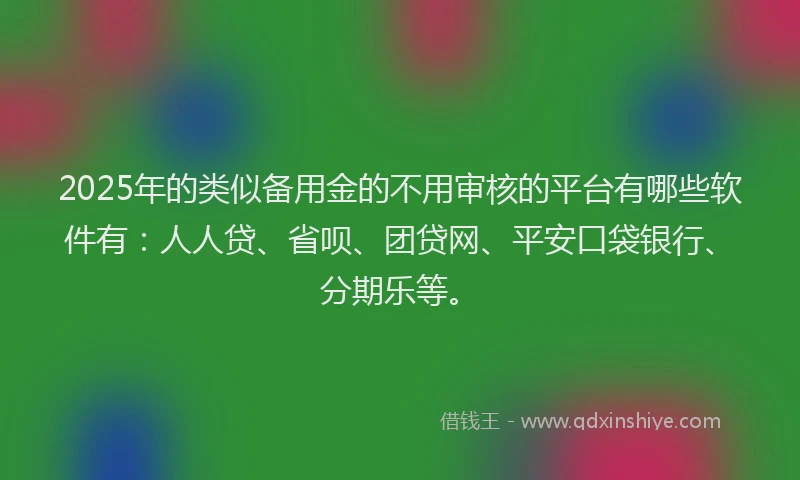 2025年的类似备用金的不用审核的平台有哪些软件有：人人贷、省呗、团贷网、平安口袋银行、分期乐等。