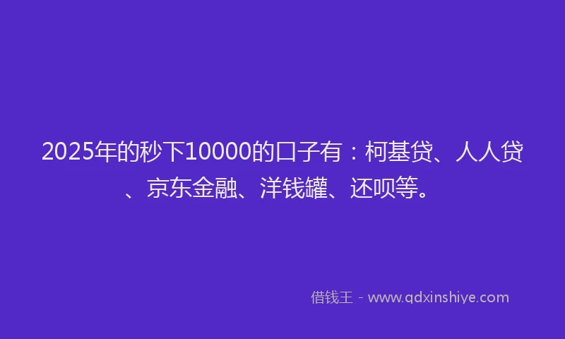 2025年的秒下10000的口子有：柯基贷、人人贷、京东金融、洋钱罐、还呗等。