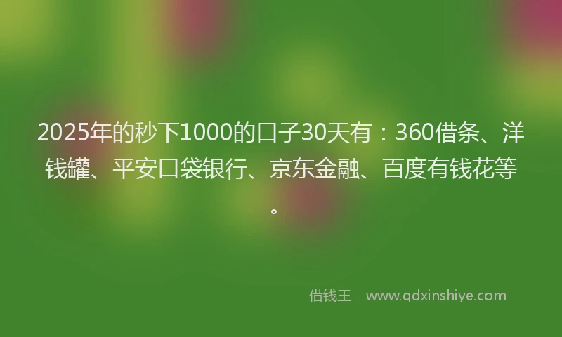 2025年的秒下1000的口子30天有：360借条、洋钱罐、平安口袋银行、京东金融、百度有钱花等。