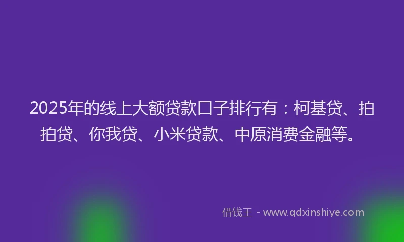 2025年的线上大额贷款口子排行有：柯基贷、拍拍贷、你我贷、小米贷款、中原消费金融等。