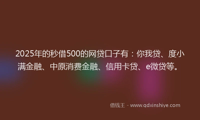2025年的秒借500的网贷口子有：你我贷、度小满金融、中原消费金融、信用卡贷、e微贷等。