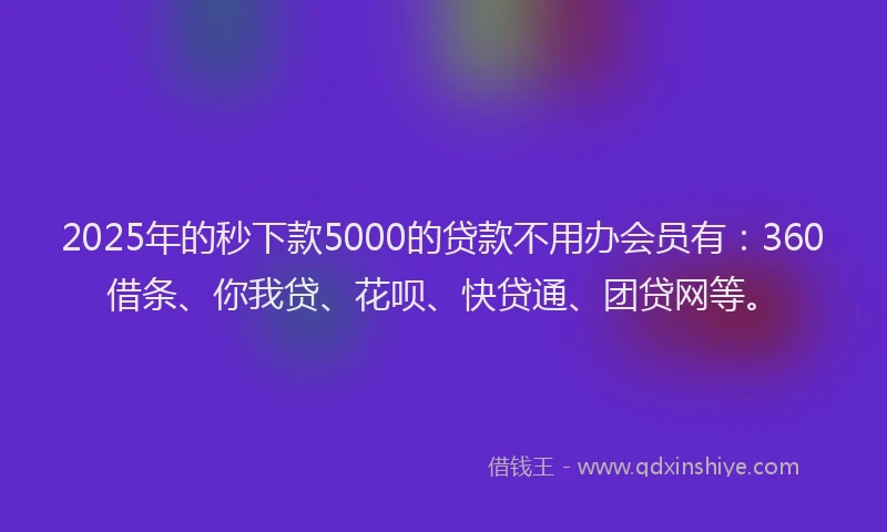 2025年的秒下款5000的贷款不用办会员有：360借条、你我贷、花呗、快贷通、团贷网等。