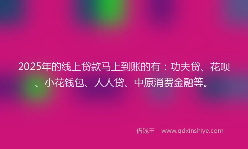 2025年的线上贷款马上到账的有：功夫贷、花呗、小花钱包、人人贷、中原消费金融等。