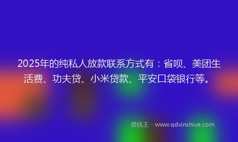 2025年的纯私人放款联系方式有：省呗、美团生活费、功夫贷、小米贷款、平安口袋银行等。