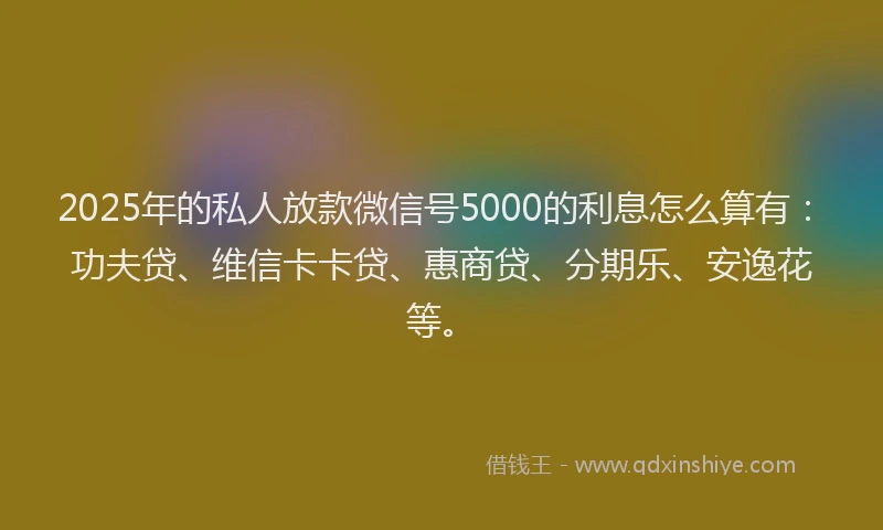 2025年的私人放款微信号5000的利息怎么算有：功夫贷、维信卡卡贷、惠商贷、分期乐、安逸花等。