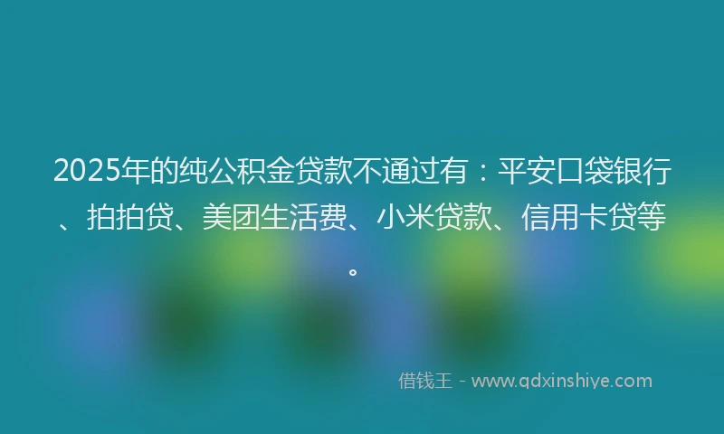 2025年的纯公积金贷款不通过有：平安口袋银行、拍拍贷、美团生活费、小米贷款、信用卡贷等。