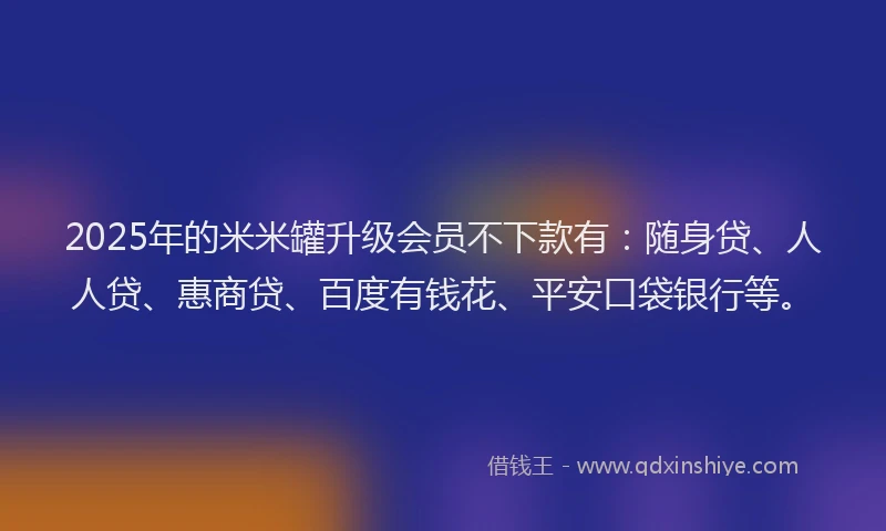 2025年的米米罐升级会员不下款有：随身贷、人人贷、惠商贷、百度有钱花、平安口袋银行等。