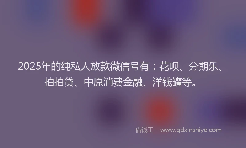 2025年的纯私人放款微信号有：花呗、分期乐、拍拍贷、中原消费金融、洋钱罐等。