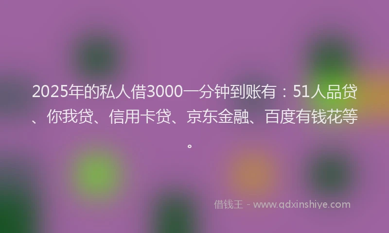 2025年的私人借3000一分钟到账有：51人品贷、你我贷、信用卡贷、京东金融、百度有钱花等。