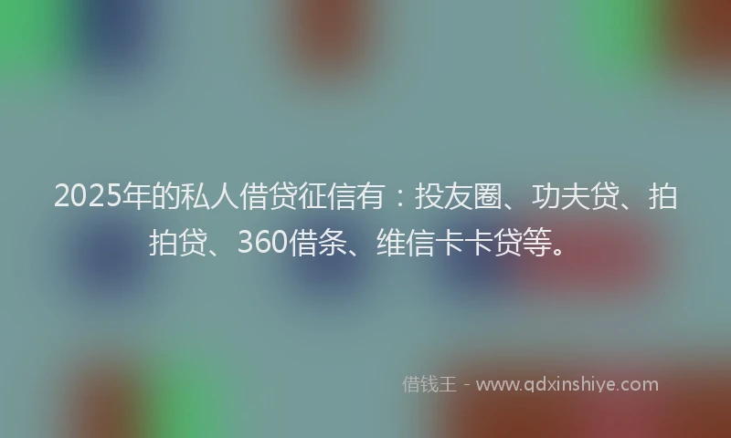 2025年的私人借贷征信有：投友圈、功夫贷、拍拍贷、360借条、维信卡卡贷等。