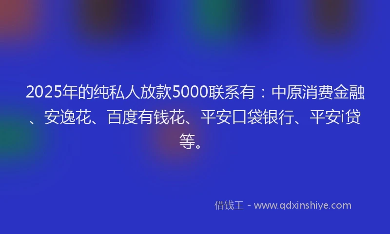 2025年的纯私人放款5000联系有：中原消费金融、安逸花、百度有钱花、平安口袋银行、平安i贷等。