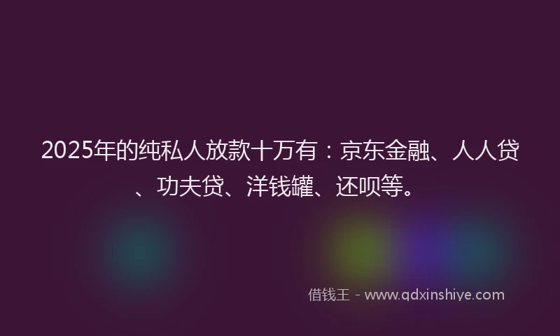 2025年的纯私人放款十万有：京东金融、人人贷、功夫贷、洋钱罐、还呗等。