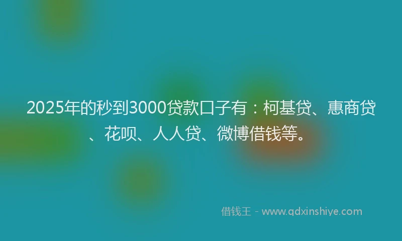 2025年的秒到3000贷款口子有：柯基贷、惠商贷、花呗、人人贷、微博借钱等。