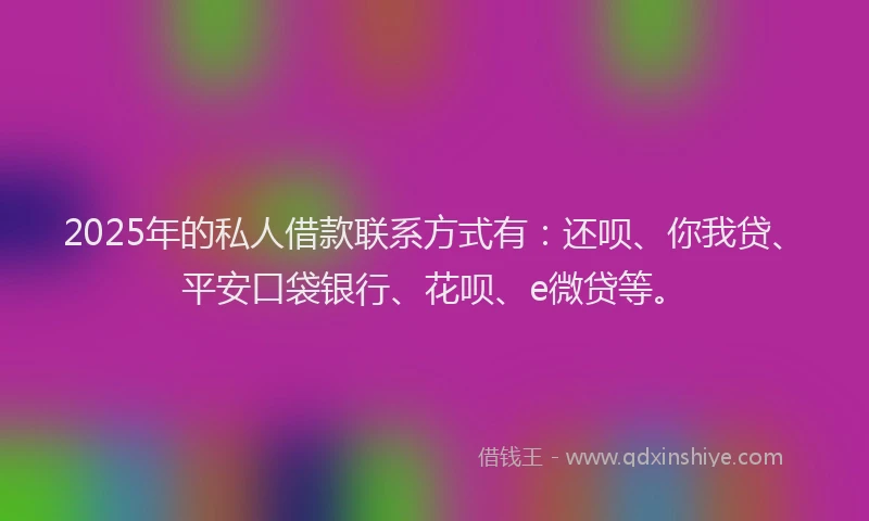 2025年的私人借款联系方式有：还呗、你我贷、平安口袋银行、花呗、e微贷等。